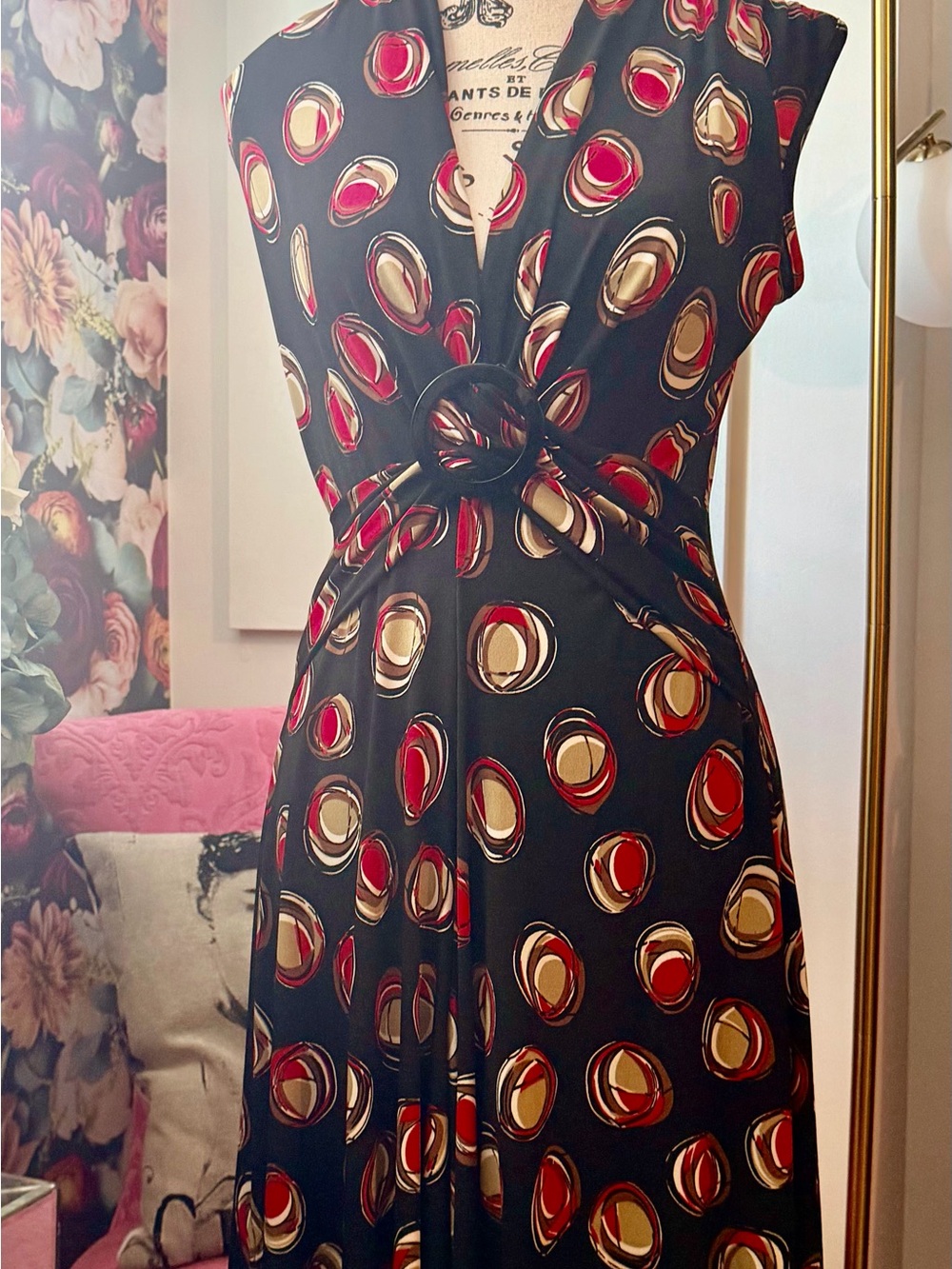 Jessica Simpson Black Wrap Midi Dress with Red & Gold Circles